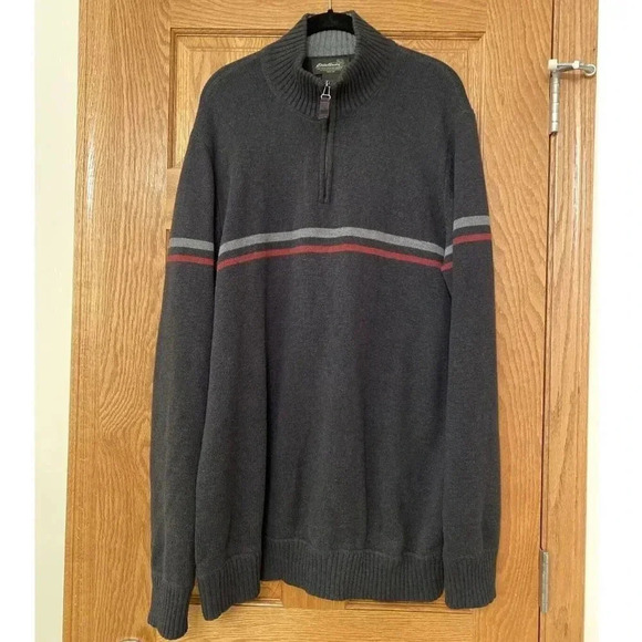 Eddie Bauer Mens Pullover Sweater 1/4 Zip Size Tall L 100% Cotton Gray Striped - Picture 1 of 4